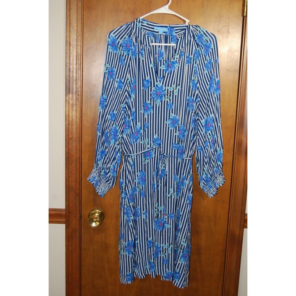 Draper James Blue and White Striped Midi Dress with Floral Print